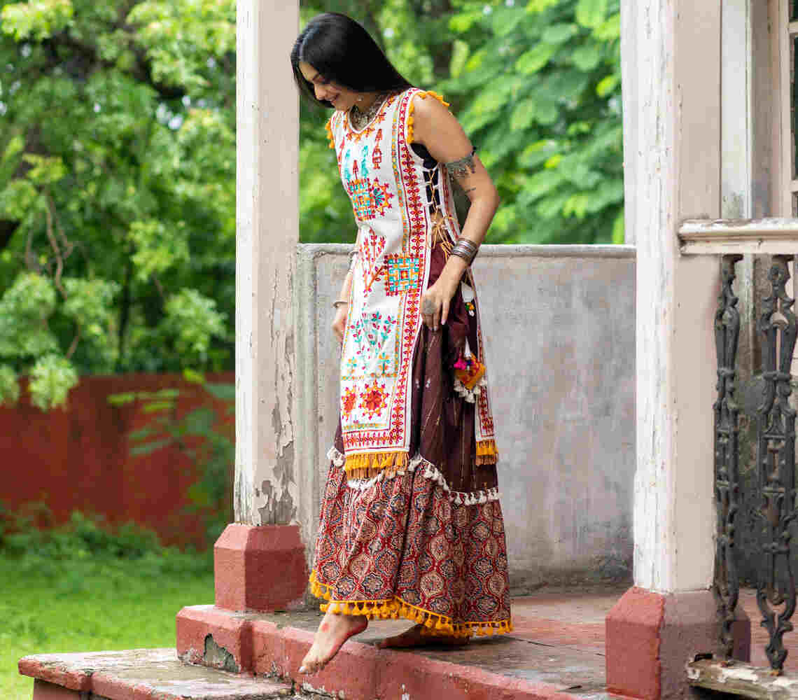 Embroidered cotton tribal panel top & flared skirt