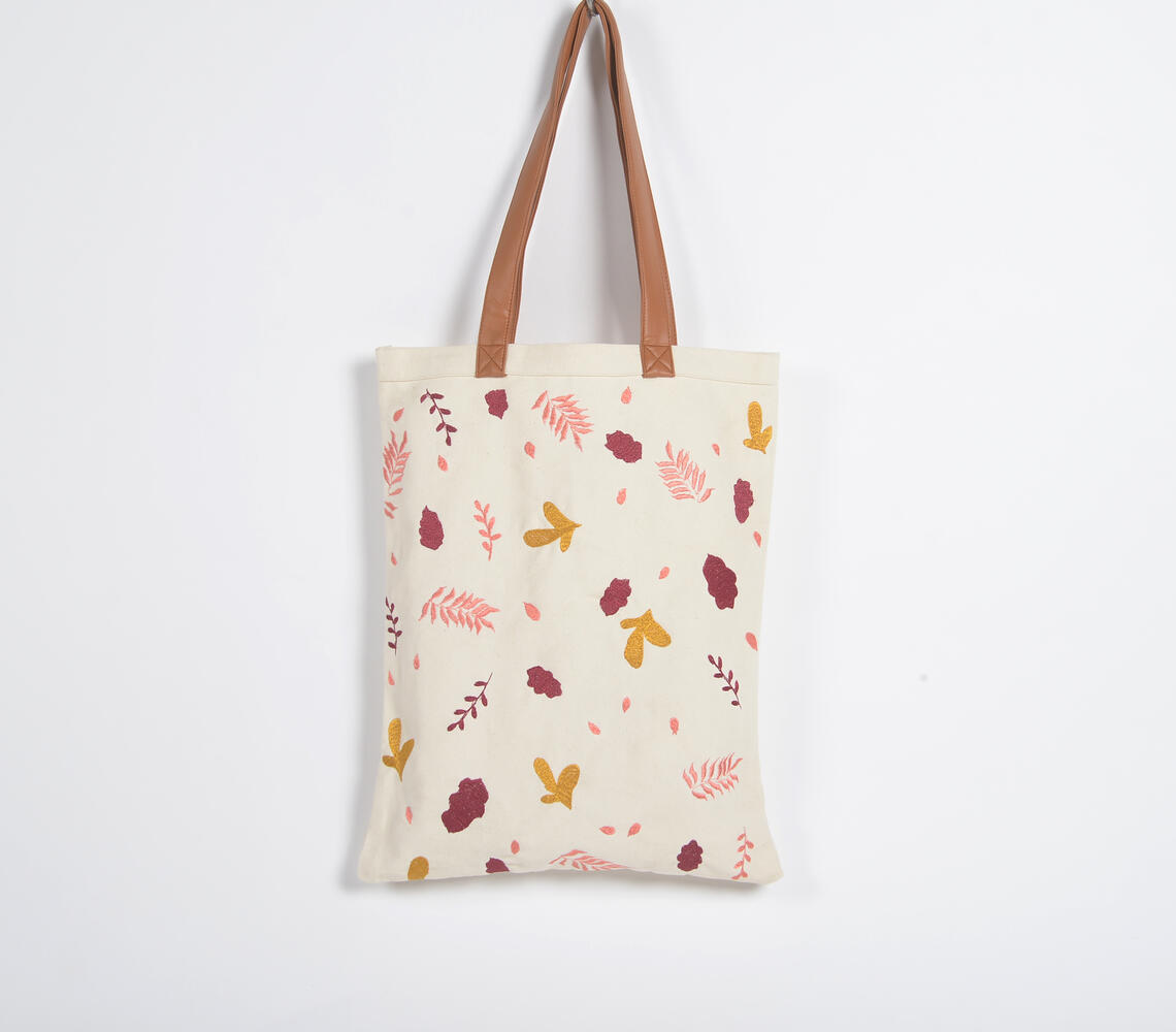Embroidered autumn leaves tote bag