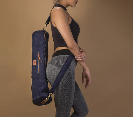 Hand stitched burlap blue yoga bag