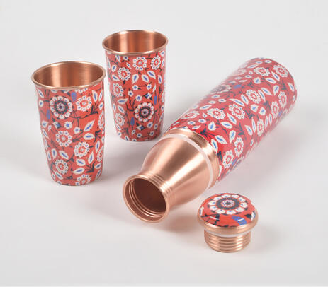 Enameled red peony copper bottle & 2 glasses