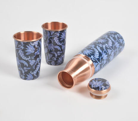 Enameled midnight blue copper bottle & 2 glasses