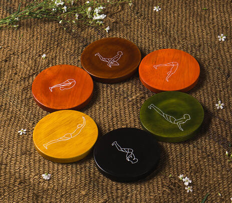 Screen printed mango wood surya namaskar coasters