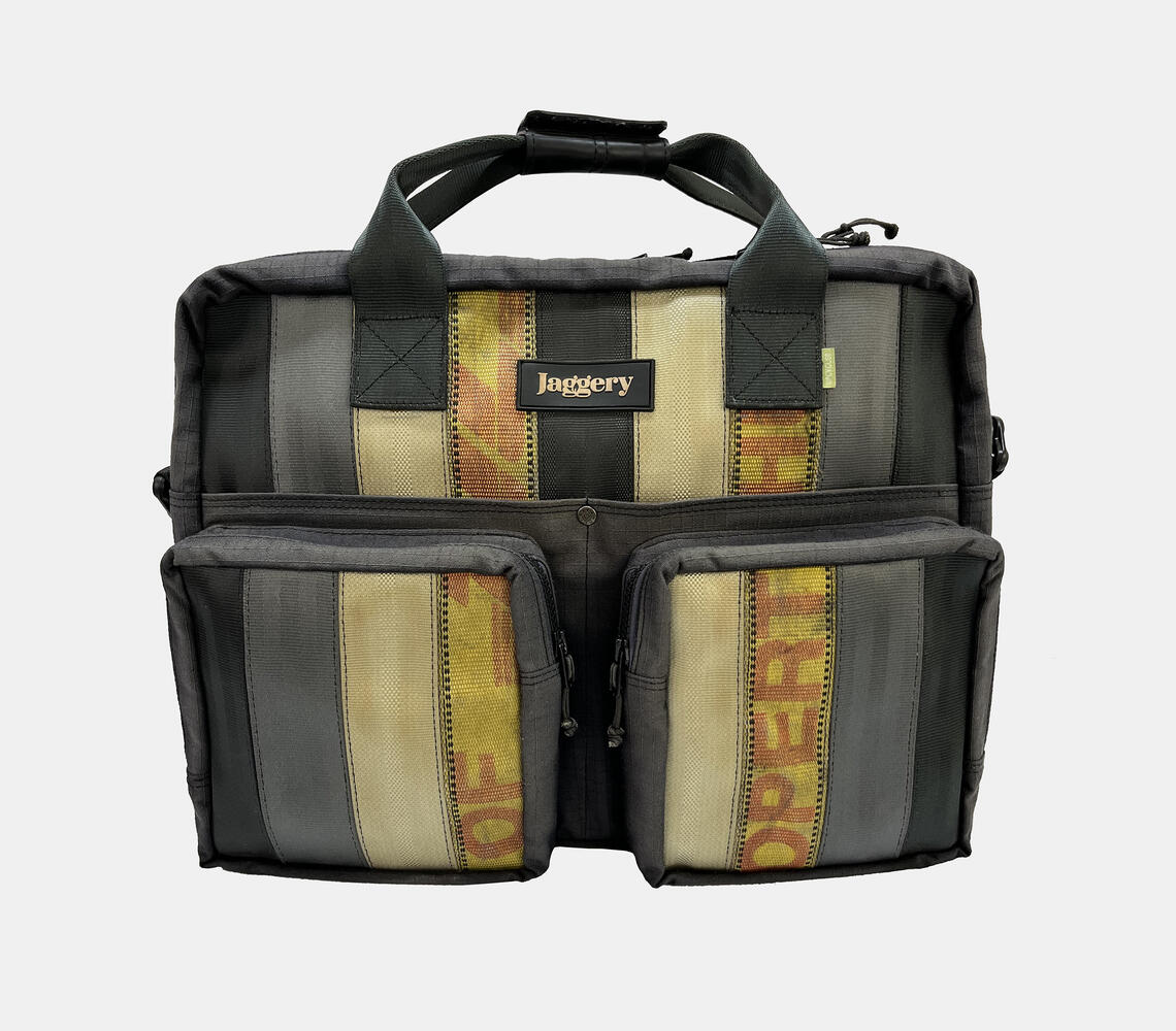 Upcycled car belts laptop bag