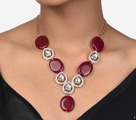 Red agate & kundan polki choker necklace with cubic zirconia diamonds