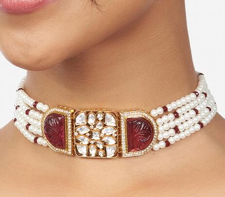 Handmade gold-toned red and white kundan polki choker necklace