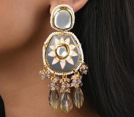 Grey agate kundan dangle earrings