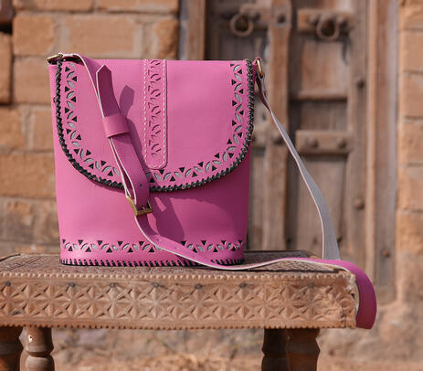 Hand stitched & embroidered kutch leather bag