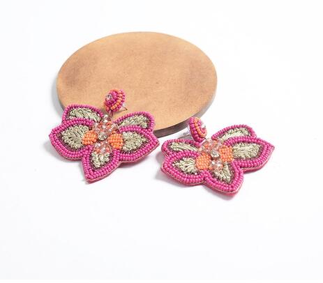 Pink stone beaded embroidered earrings