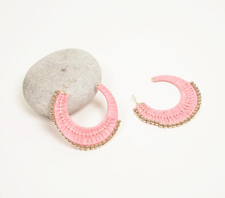 Raffia-wrapped iron c-hoop earrings