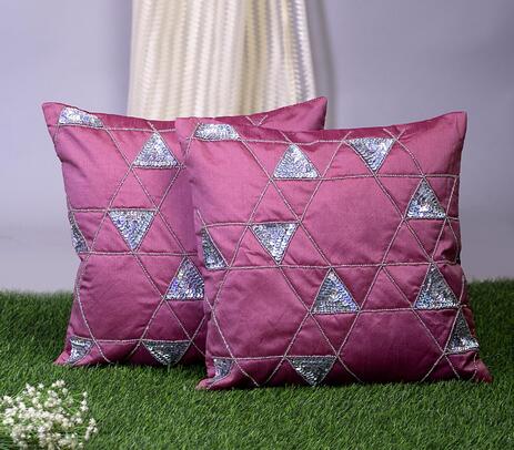 Hand beaded geometric magenta cushion covers