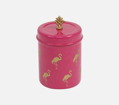 Powder coated steel pink flamingo canister