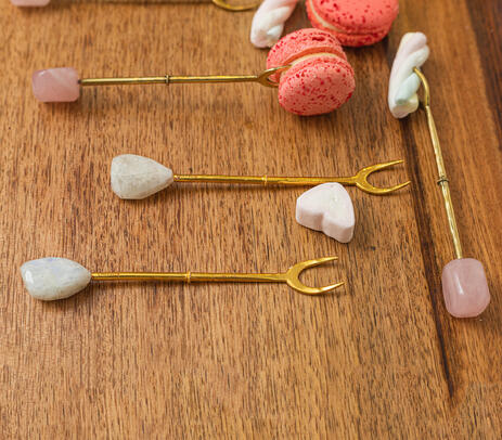 Hand cut rose quartz & brass appetizer forks