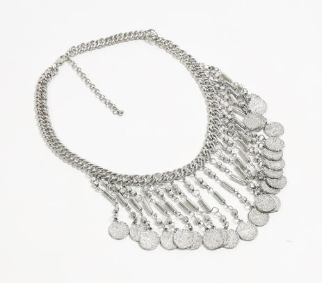 Silver-toned beads & coins statement bib necklace