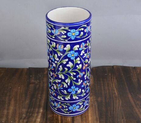 Hand painted kiln fired blue pottery flower vase