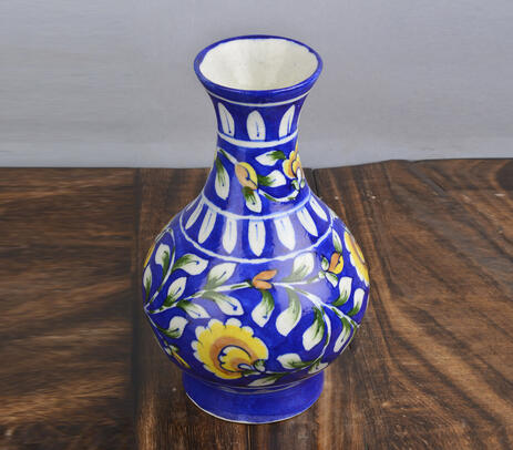 Hand painted kiln fired blue pottery flower pot