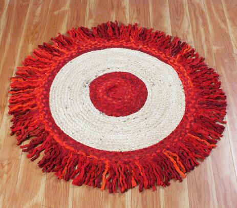 Handwoven jute & cotton red-beige fringed rug
