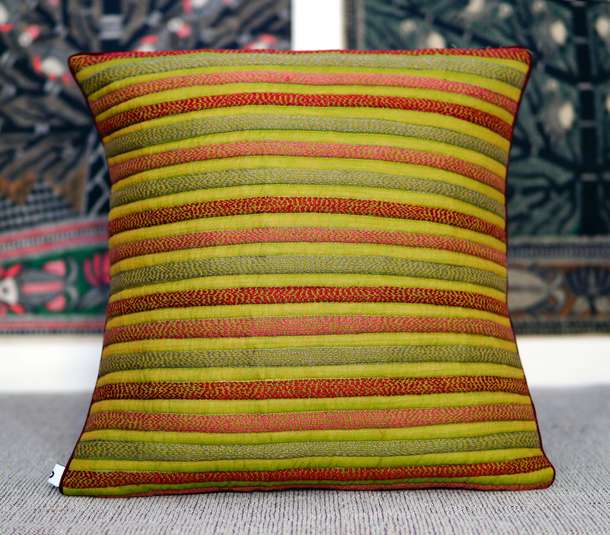 Handwoven striped cotton cushion cover with sujani work