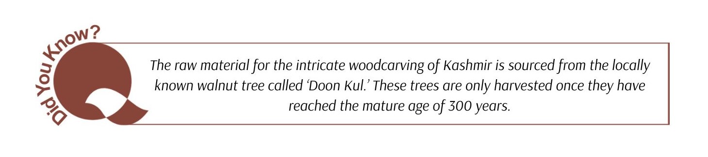 The raw material for the intricate woodcarving of Kashmir is sourced from the locally known walnut tree called 'Doon Kul.' These trees are only harvested once they have reached the mature age of 300 years.