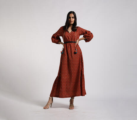 Bagru block printed deep red long dress with chanderi belt