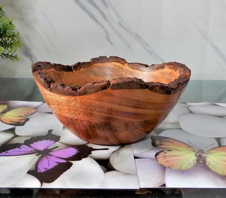 Wood turned asymmetric bark rim bowl