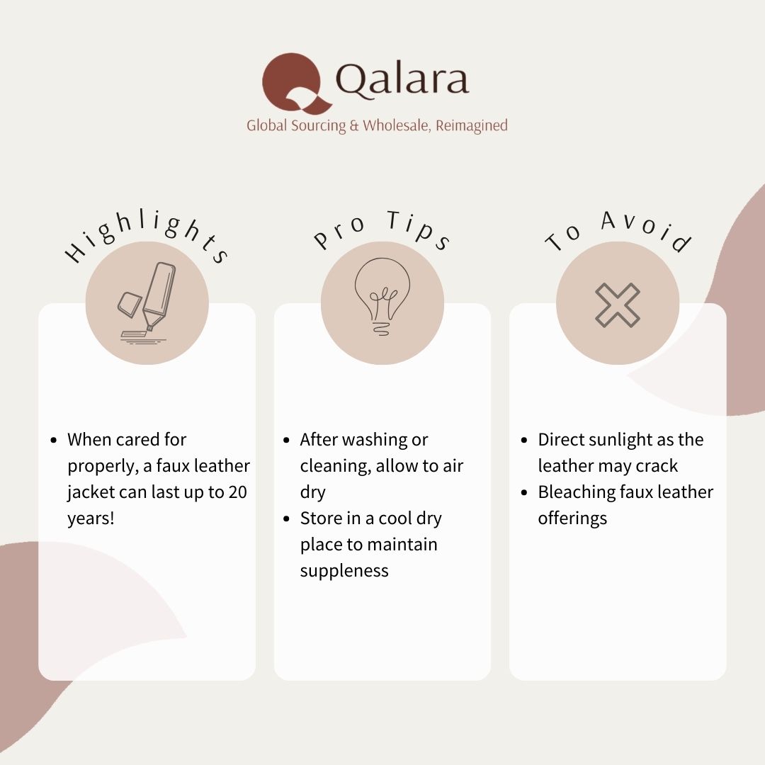 Material highlight: ● When cared for properly, a faux leather jacket can last up to 20 years! Pro-tips: ● After washing or cleaning, allow to air dry ● Store in a cool dry place to maintain suppleness To avoid: ● Direct sunlight as the leather may crack ● Bleaching faux leather offerings