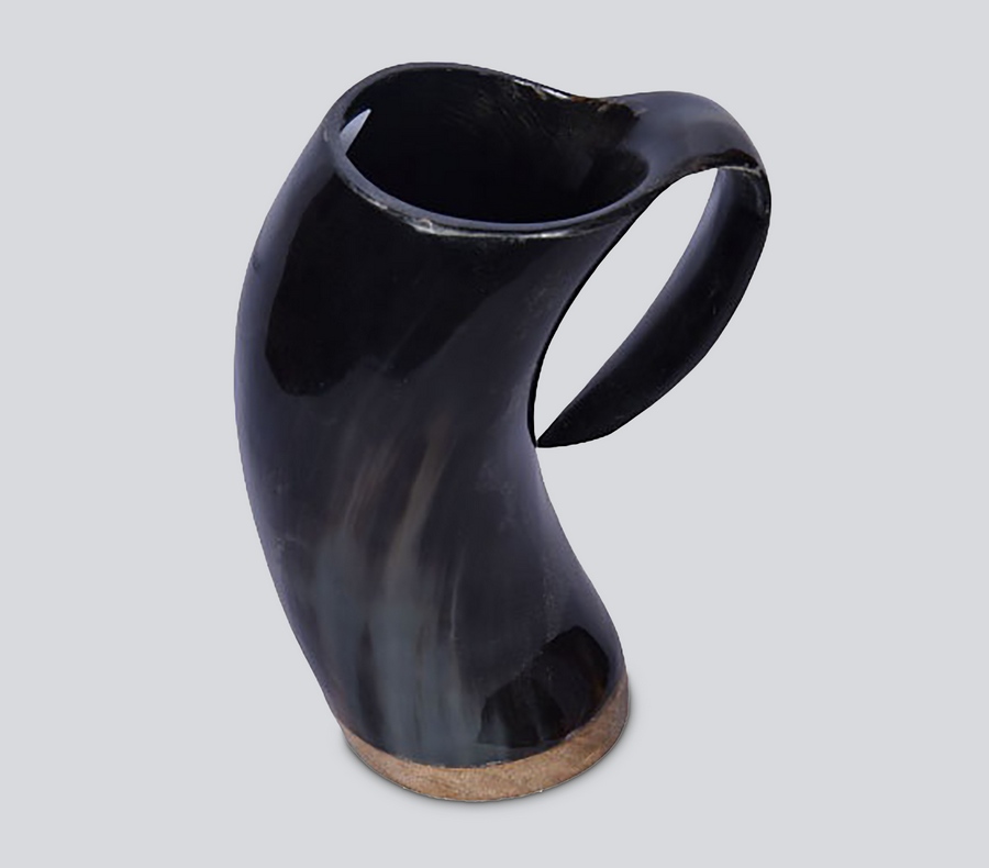 Hand cut natural horn and wooden mug