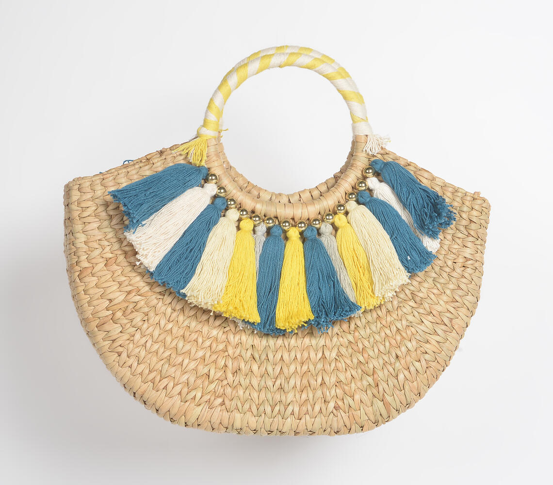 Tasseled basket woven cane moon handbag