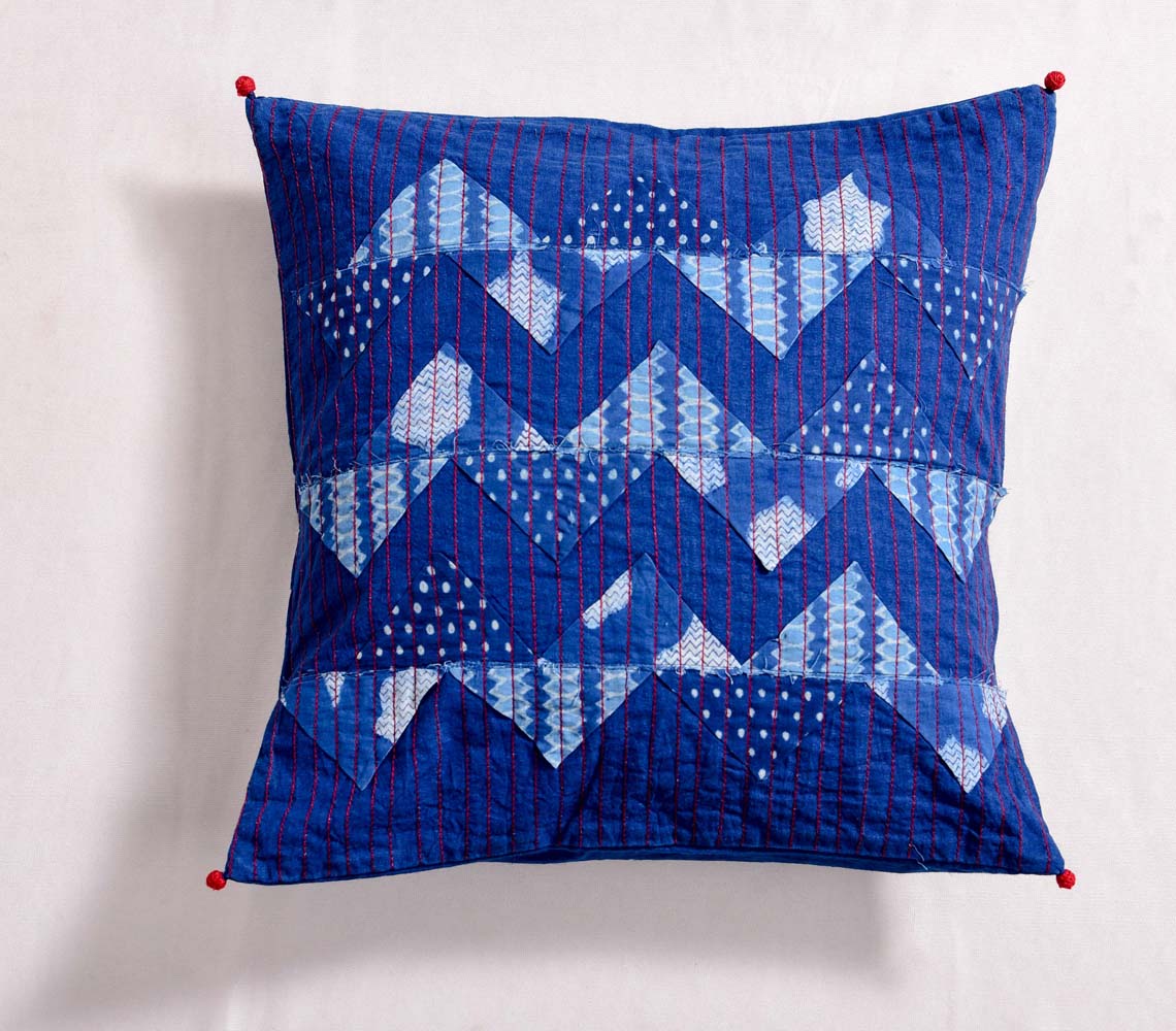 Chevron natural-dyed hand block printed cotton cushion cover