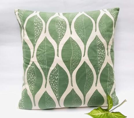 Handscreen printed cotton leaf print green cushion cover