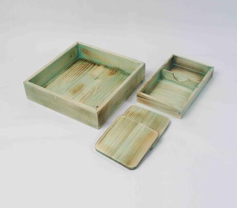 Hand cut pine wood set of coasters & trays