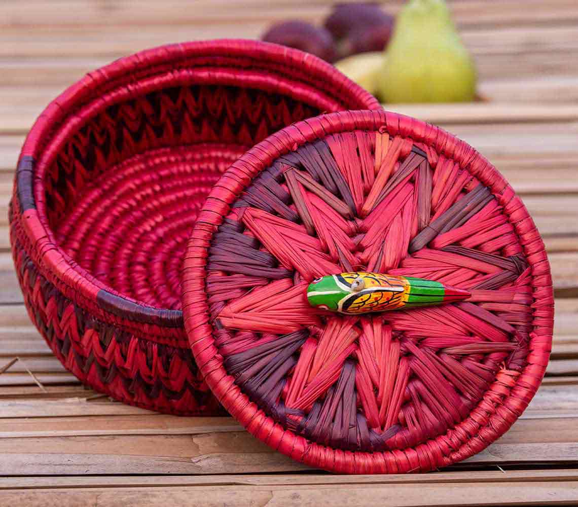 Handwoven grass utility basket with parrot lid