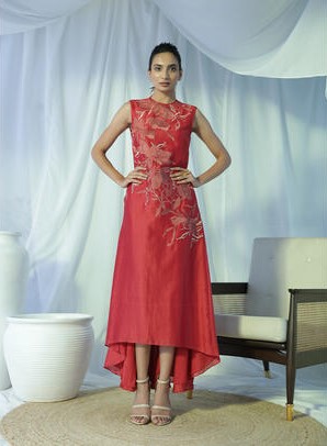 Handloom chanderi embroidered asymmetrical sangria dress