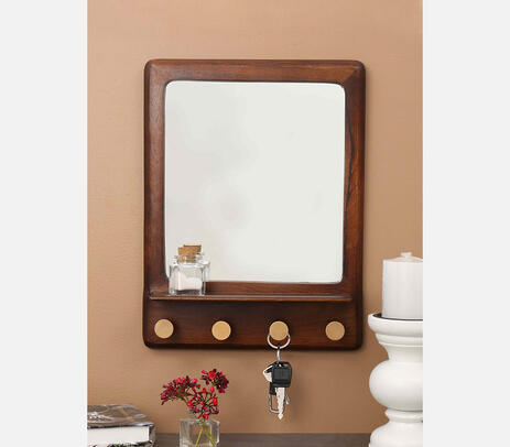 Hand cut wooden wall mirror with hooks