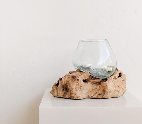Hand cut gamal root wood & blown glass vase