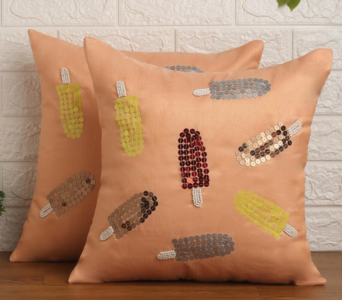 Sequin embroidered popsicles peach cushion covers (set of 2)