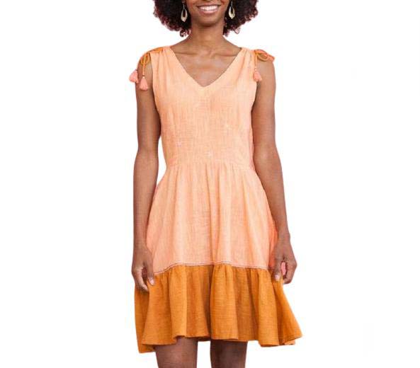 Hand stitched cotton tassel tie peach dress