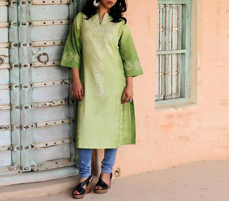 Handwoven cotton green bandhej kurta