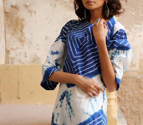 Handwoven cotton blue bandhej kurta