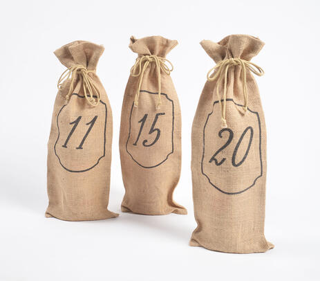 Numeric drawstring jute wine bags (set of 3)