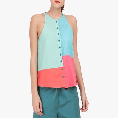 Patchwork blue solid flared halter top