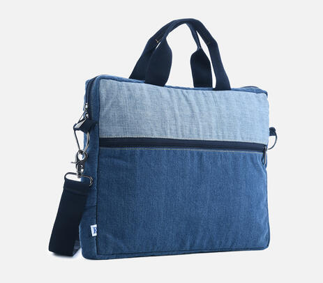 Upcycled denim reversible laptop bag