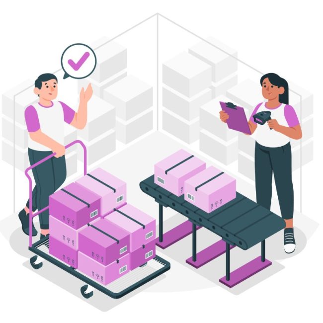 Illustration showing workers loading a trolley full of boxes