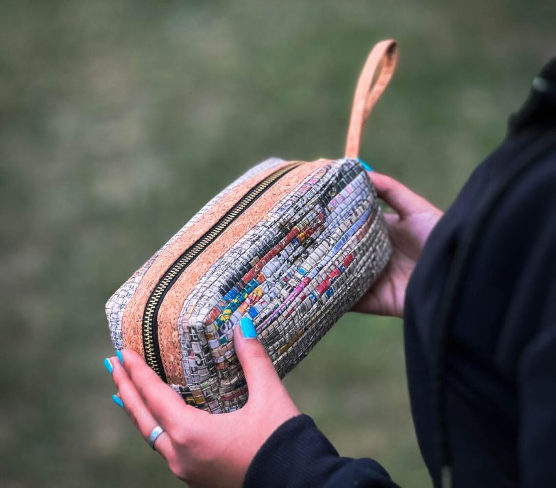 Handmade upcycled paper textile utility pouch
