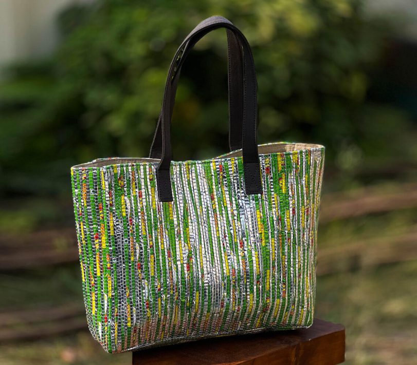 Handmade upcycled plastic textile tote bag