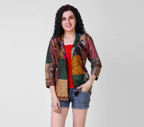 Notch collar kantha patchwork silk coat