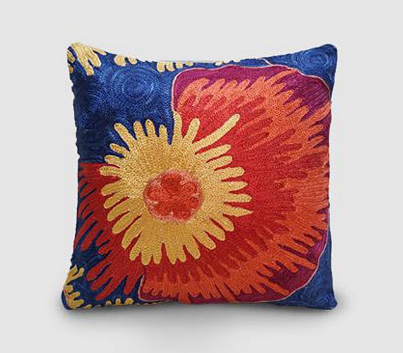 Handmade poppy crewel embroidered cushion cover