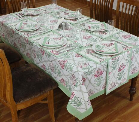 Block printed organic cotton floral green table linen set