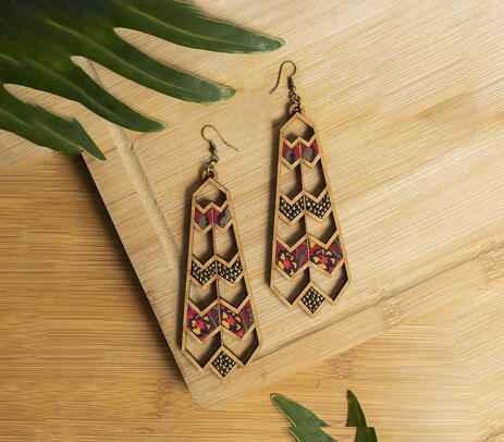 Repurposed wooden frame long statement earrings
